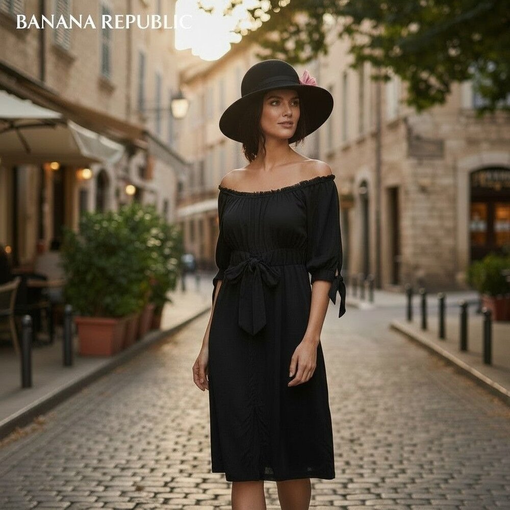 Banana Republic Black Peasant Dress With Tie Waist & Ruffle Neckline Womens Size